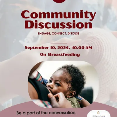 We invite you to join our community discussion on breastfeeding. This poster gives details for our upcoming session and includes a QR code to join our WhatsApp support group, a safe space to ask questions and connect with fellow moms.
