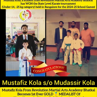 A historic achievement for our academy and Bhatkal. Mustafiz Kola became the first-ever gold medalist from the Uttar Kannada District to qualify for the National-Level School Karate Sports after winning the State Level tournament.
