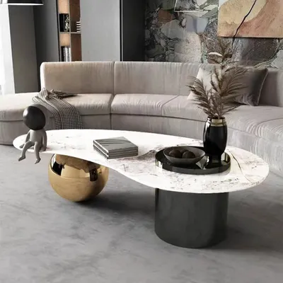 The Retro Fusion center table combines a bold, modern aesthetic with practical design. Its unique curved shape and contrasting black and gold base create a dynamic focal point, while the expansive artificial marble top is perfect for everyday use.