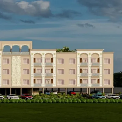 An architectural rendering of the NRI Niwas at Gurudwara Fateh Nagar. This project is designed as a sanctuary of comfort and faith, providing a peaceful living space for visitors.