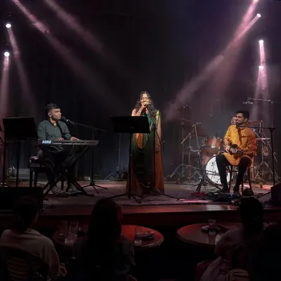 A wide view of our performance at The Piano Man jazz club in New Delhi. It was a wonderful opportunity to present our classical fusion music to a different kind of audience in a very cool setting.