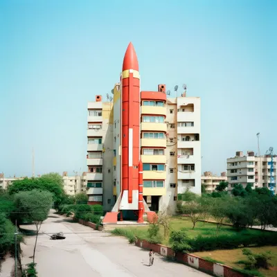 An establishing shot of Rocketganj, where a residential building has been integrated with a massive rocket structure. This is the kind of environmental design I create to build a believable, lived-in world.