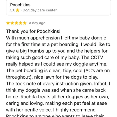 This review made our day! We know how apprehensive it can be to leave your baby for the first time. Our 24/7 CCTV access and loving care are all designed to give you peace of mind.