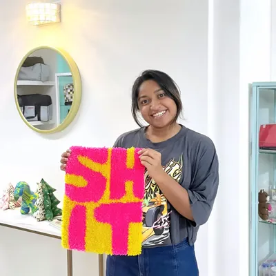 I couldn't believe this was her first time tufting! This bold and colorful rug makes such a fun statement piece. It shows that you can truly make anything you want.