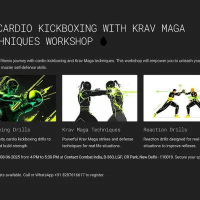 My Cardio Kickboxing with Krav Maga workshop is a high-energy fusion of fitness and self-defense. You will burn fat, build strength, and learn real-world striking techniques in one power-packed session.