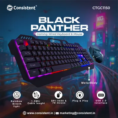 The "Black Panther" gaming combo includes a wired keyboard with rainbow breath lighting and a 7D mouse with 3600 DPI. The keyboard features a durable metal body and a 1.5-meter cable, providing a reliable plug-and-play setup for immediate action.