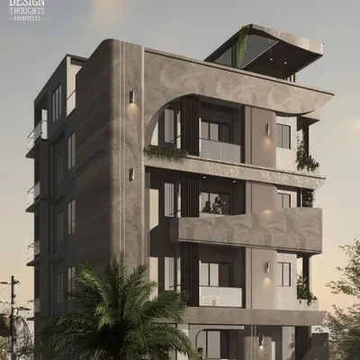 A closer look at the G+3 contemporary residence, highlighting the inverted L-shaped concrete form and marble texture finishes. We integrated green pockets to soften the bold geometry and enhance the connection to nature.