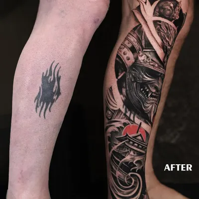 A complete leg transformation. We covered an old tribal flame tattoo with a full-scale Japanese samurai leg sleeve. The new design is so dynamic and detailed that the old ink simply vanishes.