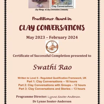I was so proud to complete my Clay Conversations Practitioner Certificate. This training deepened my understanding of how to blend creativity, connection, and care, and it informs every therapeutic art session I lead. This qualification is from a UK regulated framework.
