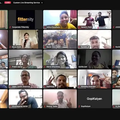 A screenshot from a corporate online session with Fitternity. It's always a pleasure to connect with and energize teams from all over India.