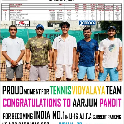 The pinnacle of junior tennis in India. A proud moment as Aarjun Pandit officially becomes India's No. 1 in the U-16 AITA rankings, a journey that started from rank 886 just three years prior.
