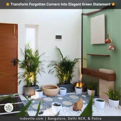 I turned this forgotten indoor corner into an elegant green statement. The design features a mix of planters, a pebble bed with stone steps, and subtle uplighting to create a sophisticated and calming focal point.
