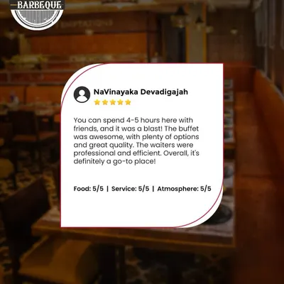 "You can spend 4-5 hours here with friends, and it was a blast!" We love hearing that our guests enjoy the food, service, and atmosphere, rating us 5 out of 5.