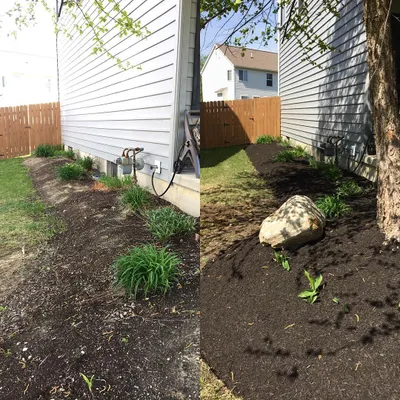 This before and after shows a simple spring cleanup. Just cleaning out the bed, adding fresh mulch, and placing a landscape boulder makes a big difference to the side of a house.