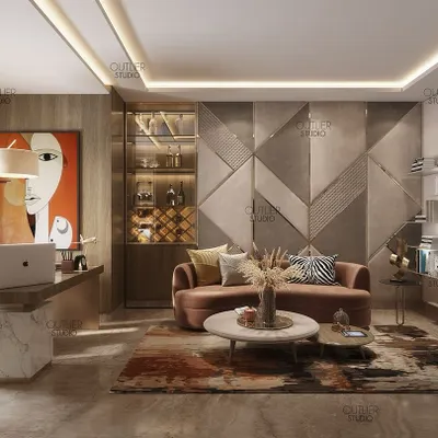 A home office where one can work productively. This space features a stunning 3D geometric wall panel, a marble-base desk, a comfortable seating area, and a built-in wine cabinet for after-hours relaxation.