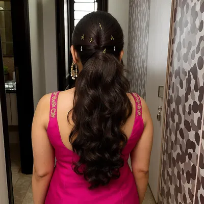 This half-tied wavy hairstyle is elevated with a simple twist and delicate golden pins. It's a perfect example of a soft, festive look that you can learn to create for pre-wedding events like a Haldi or Mehendi ceremony.