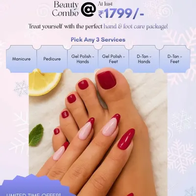 Our winter-themed Beauty Combo offer. This graphic details our special deal where you can pick any three services like manicure, pedicure, or gel polish for a pamper session.