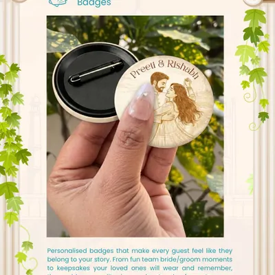 Your wedding squad deserves to feel special too. We create these fun, personalized badges with custom caricatures and text, perfect for 'Team Bride' and 'Team Groom' to wear with pride.