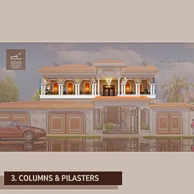 This classical home design features key elements like symmetry, ornate moldings, and a neutral color palette. This image highlights the use of columns and pilasters, which add a touch of Greco-Roman grandeur.