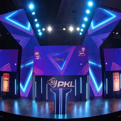The main stage for the Pro Kabaddi League Season 11 Player Auction. We designed and produced the entire event, including the futuristic stage, multiple LED screens, and dynamic lighting.