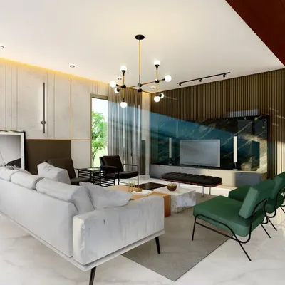 A 3D render of a contemporary living room. We used a combination of white marble flooring, a dark wood ceiling accent, and statement green armchairs to create a space that feels both luxurious and modern.