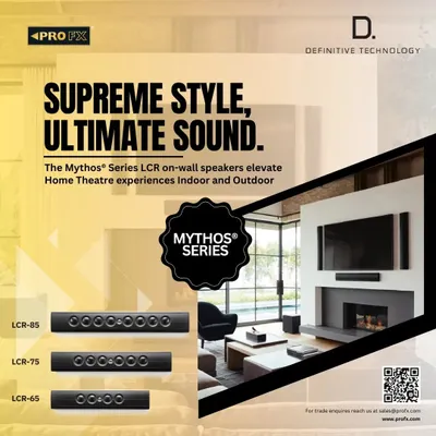 The Definitive Technology Mythos Series combines supreme style with ultimate sound. These LCR on-wall speakers are designed to elevate home theatre experiences in both indoor and covered outdoor settings, delivering audio with precision and elegance.