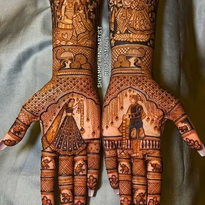 A complete bridal mehandi set featuring detailed portraits of Radha and Krishna, along with traditional wedding scenes, covering both hands from fingertips to elbow.