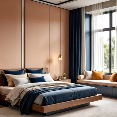 A perfect blend of Peach Fuzz and Midnight Blue. This bedroom concept shows how contrasting colors can create a harmonious and luxurious feel. The window seat provides a cozy nook for reading or enjoying the view.