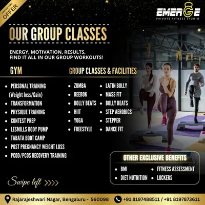 Energy, motivation, and results. You'll find it all in our group workouts. This graphic lists our diverse offerings, from Zumba and Bolly Beats to HIIT and Yoga, along with other benefits like BMI analysis and diet nutrition support.