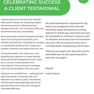 A client testimonial celebrating a successful event. This letter of thanks from the JBCN Group commends our team's excellent coordination, consistency, and dedication throughout a three-day event.