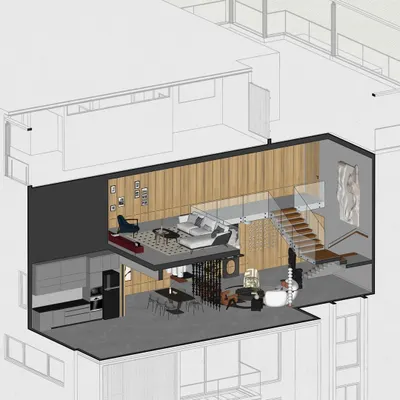An axonometric drawing of the Renaissance Bellevue penthouse. This type of visualization helps us and our clients understand the spatial relationships and flow within a multi-level home.