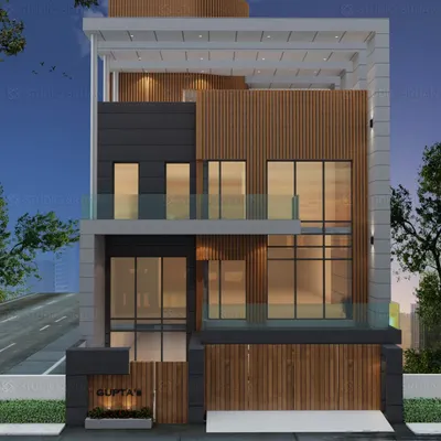 The 3D render for a project in Pitampura, showcasing a modern facade with a dynamic interplay of wood, dark panels, and large glass windows. This was our blueprint for the build.