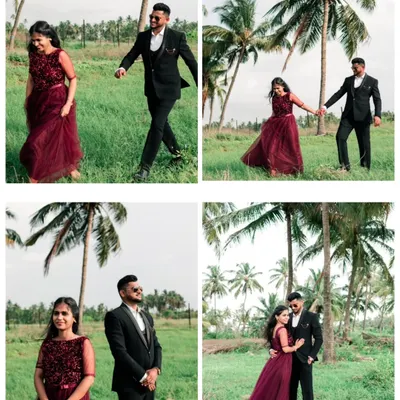 A collage from a pre-wedding shoot in a vibrant green field with palm trees, showing a mix of playful, walking, and classic posed portraits.