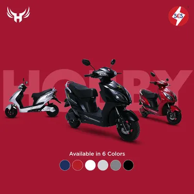 A graphic for SES Electric's "Hobby" scooter, showcasing three of the available colors, all shot individually on our white cyclorama.