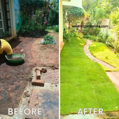 A dramatic before and after of a backyard makeover. I cleared the uneven, muddy patch and installed a healthy new lawn with a neat stone pathway, instantly upgrading the home's outdoor appeal.