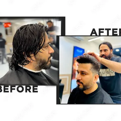 A picture is worth a thousand words. This before and after shows the power of a good haircut, transforming overgrown hair into a sharp, voluminous style with a clean fade.