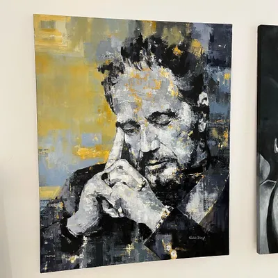 A portrait of Al Pacino, titled 'Plato’s Discourse'. I used acrylic on a 5x4 feet canvas, focusing on a monochromatic palette with gold leaf accents to capture his contemplative intensity. This is a great example of a statement piece for a study or office.