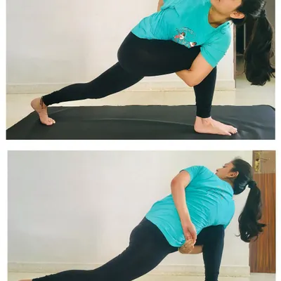 This is Parivrtta Parsvakonasana (Revolved Side Angle Pose). The twisting action contracts and stimulates abdominal organs, aiding digestion and directing blood flow to the spinal region.