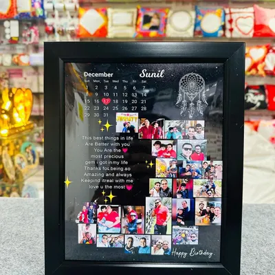 This birthday-themed frame is one of my most popular designs. It holds up to 20 photos and includes a calendar, a personal message, and the recipient's name for a truly comprehensive gift.