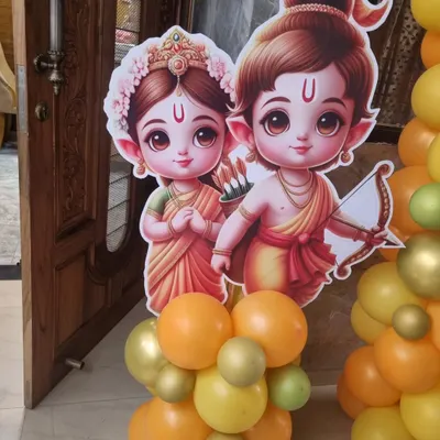 A closer look at the adorable Ram and Sita character cutouts. These props are perfect for celebrating religious festivals or for a themed party, adding a unique cultural element to your decor.