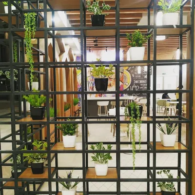 In this restaurant project, I used a custom black metal grid shelf as a stylish divider. By filling it with a variety of small potted plants and hanging vines, it separates the space while maintaining an open, airy, and green atmosphere.