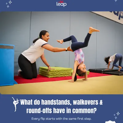What do handstands, walkovers, and round-offs have in common? They all start with the same first steps. We focus on building a strong foundation of strength, balance, and confidence.