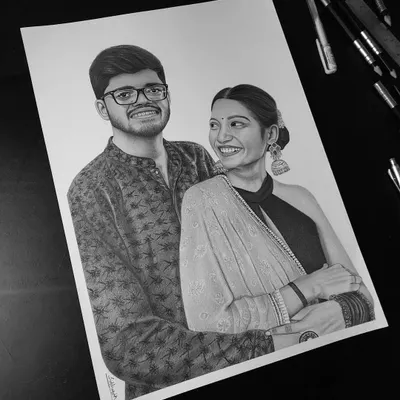A classic black and white couple portrait for a client from my hometown, Banswara. I focused on the intricate patterns of their traditional wear using Brustro fine art graphic pencils.
