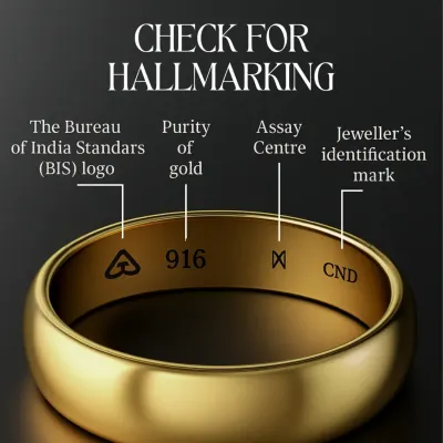 Always check for hallmarking to guarantee the purity of your gold. This graphic explains the different marks of a BIS Hallmark, including the BIS logo, the caratage (like 916 for 22K gold), and the jeweller's identification mark.