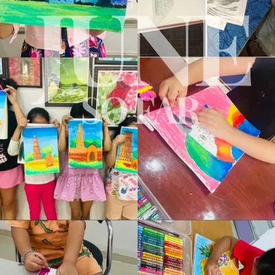 This collage is a perfect snapshot of the fun and learning at our summer camp. It shows kids working on pastel drawings, proudly holding up their canvas paintings, and practicing their sketching skills in a friendly group setting.