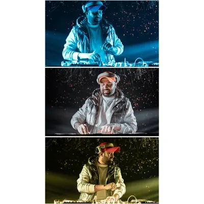 A triptych of professional portraits showing different sides of my persona as a DJ, from focused to interactive. This is me, ready for any event.