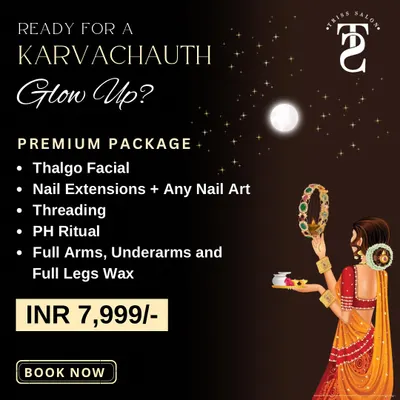 My Premium Karvachauth Package is the ultimate indulgence. It includes a luxurious Thalgo Facial, nail extensions with custom art, a PH Ritual for your hair, and full body waxing to ensure you shine the brightest.