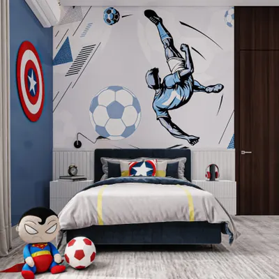 A room for a true champion, combining a love for soccer and superheroes. The dynamic wall mural and Captain America's shield create an action-packed atmosphere.