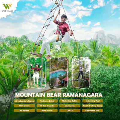 This is our Mountain Bear resort in Ramanagara, set against the iconic Sholay hills. It's the perfect place for adventure games, team bonding, and enjoying our unlimited buffet with a view.