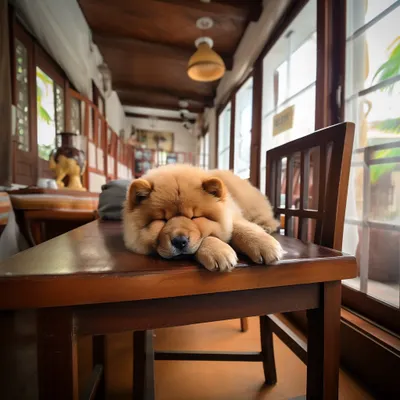 Nap time is the best time. This fluffy Chow Chow puppy has claimed a comfy wooden chair for an afternoon snooze.